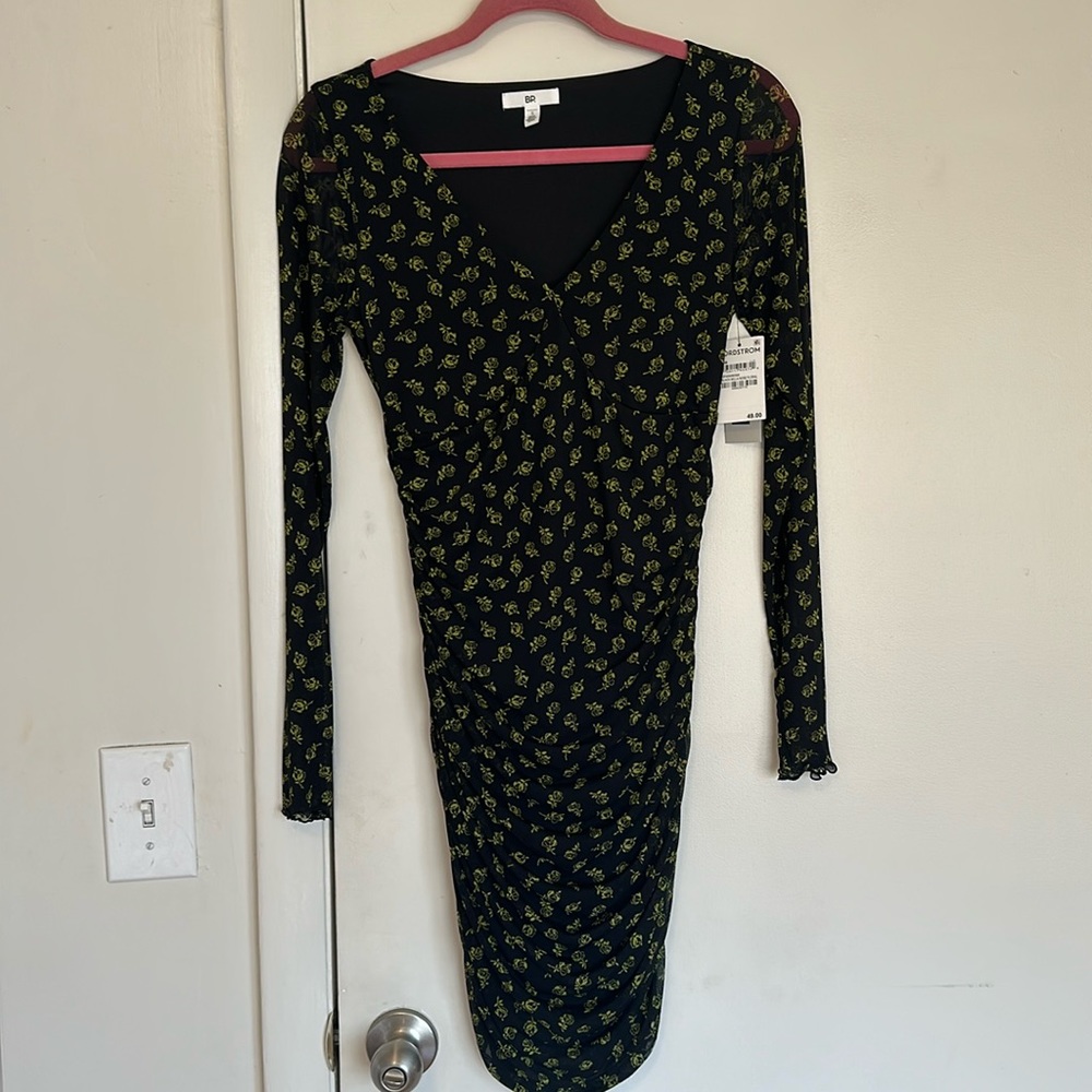 NWT Nordstrom BP Mesh Floral Ruched Mini Dress